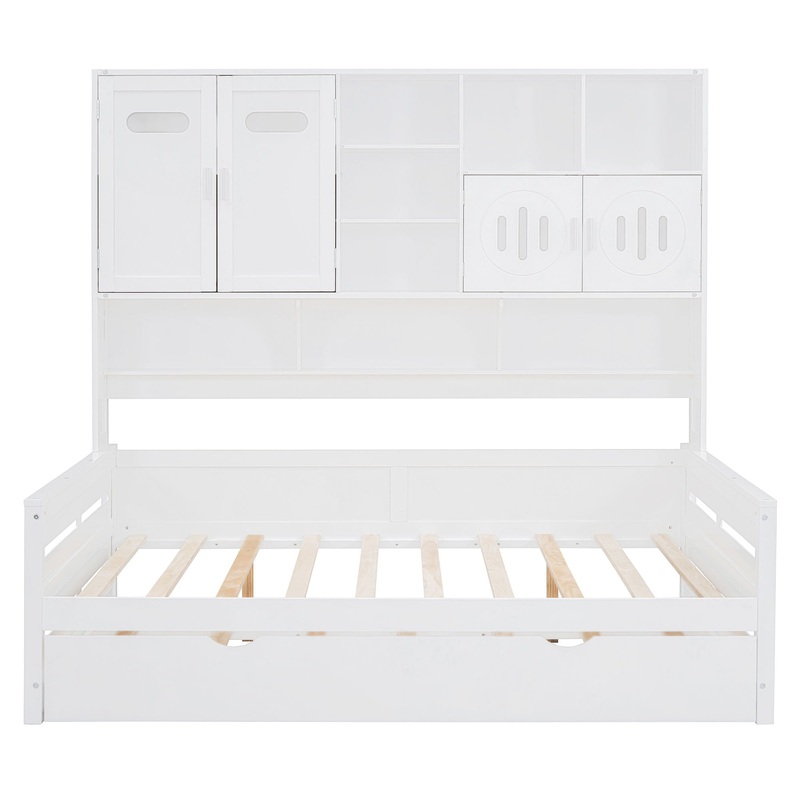 Full Size Wooden Daybed With Twin Size Trundle, And All In One Cabinet And Shelf – White