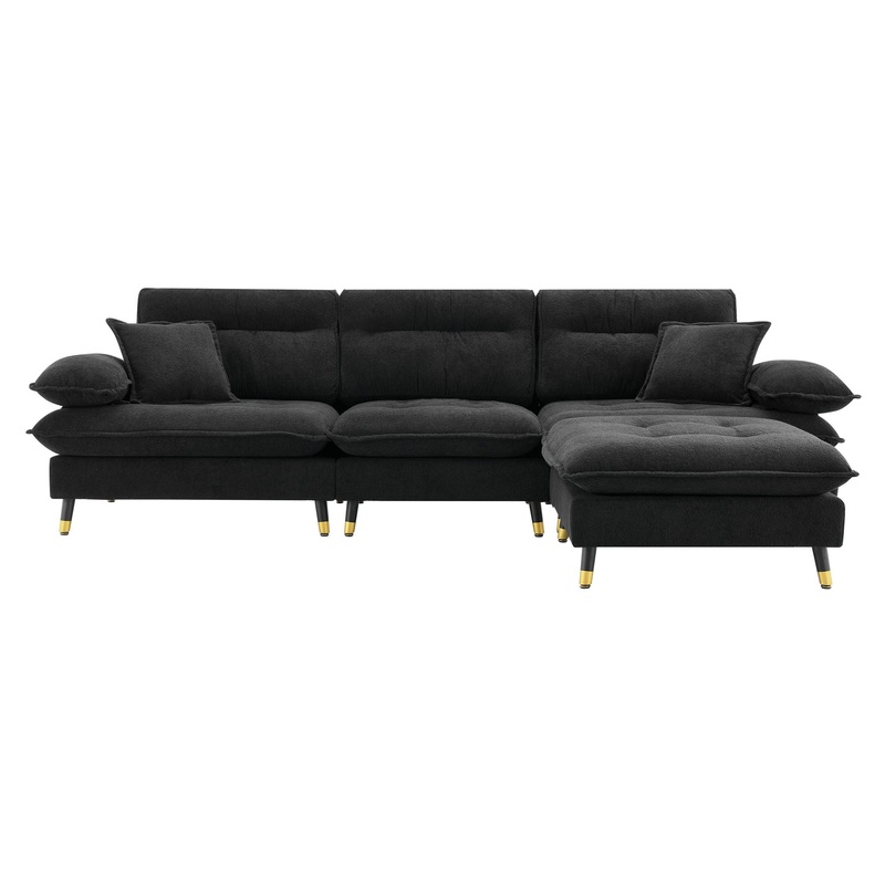 L Shaped Convertible Sectional Sofa 4 Seat Tufted Couch Set With Two Tone Adjust Legs Cloud Movable Ottoman – Black