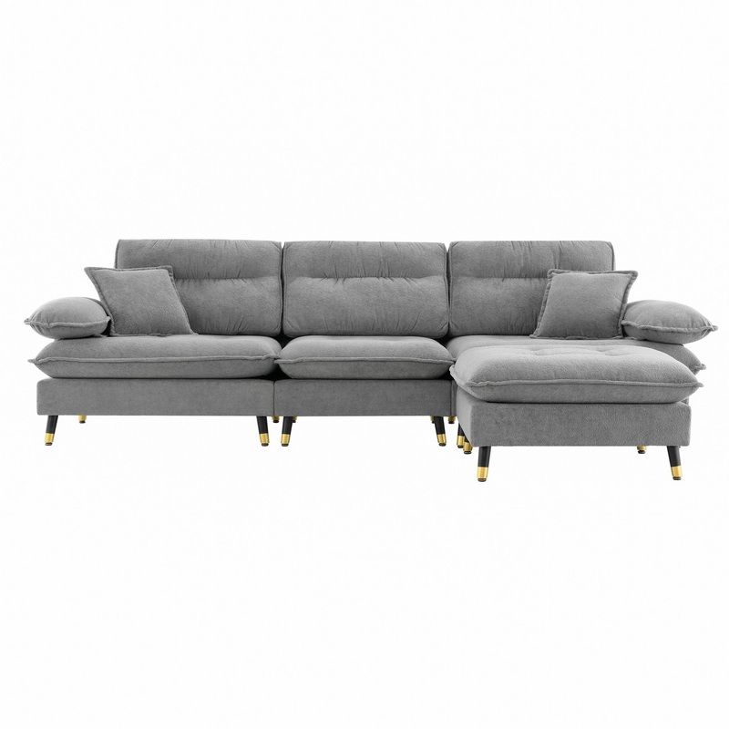 L Shaped Convertible Sectional Sofa 4 Seat Tufted Couch Set With Two Tone Adjust Legs Cloud Movable Ottoman – Gray