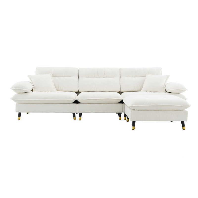 L Shaped Convertible Sectional Sofa 4 Seat Tufted Couch Set With Two Tone Adjust Legs Cloud Movable Ottoman – White