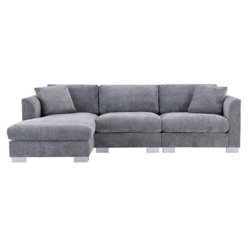 Modern Cloud Sectional Sofa L Shaped Luxury Couch Set With 2 Free Pillows 4 Seat With Oversized Chaise – Gray