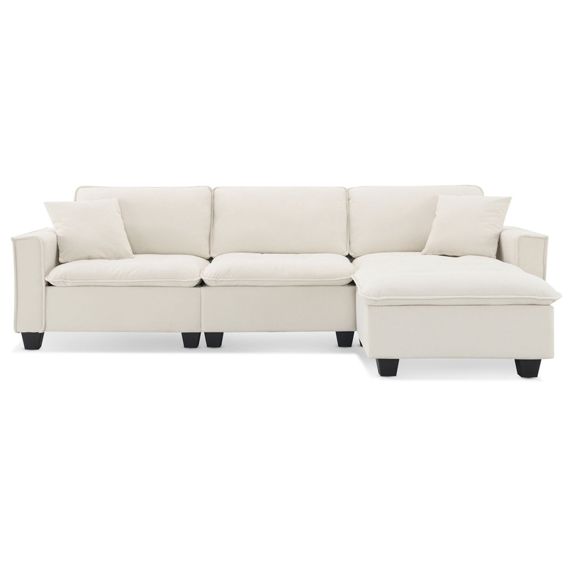 Modern Convertible Sectional L Shaped Reversible Couch Set With Free Pillows 4 Seat Suede Sleeper Sofa With Ottoman – Beige