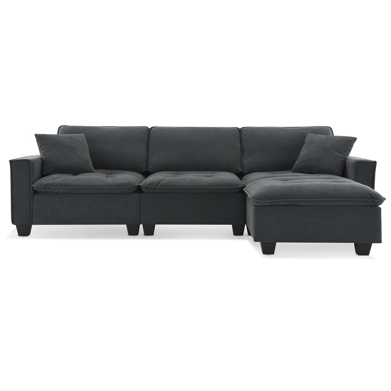 Modern Convertible Sectional L Shaped Reversible Couch Set With Free Pillows 4 Seat Suede Sleeper Sofa With Ottoman – Dark Gray