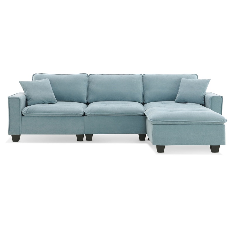 Modern Convertible Sectional L Shaped Reversible Couch Set With Free Pillows 4 Seat Suede Sleeper Sofa With Ottoman – Light Blue