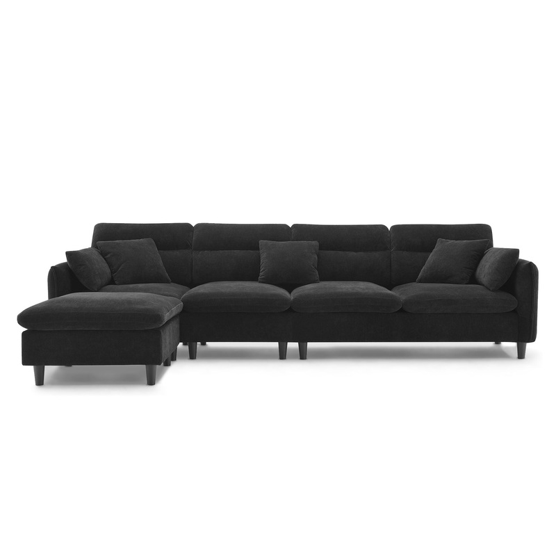 Modern Convertible Sectional Sofa L Shaped Reversible Couch Set With Free Pillows 5 Seat Cloud With Ottoman – Black