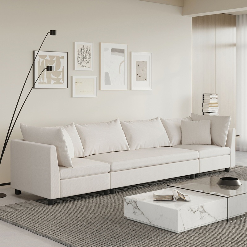 Modern Modular Sectional Oversized 4 Seat Couch Set With 4 Pillows, Minimalist Style Wide Seat Comfy Sofa – Cream