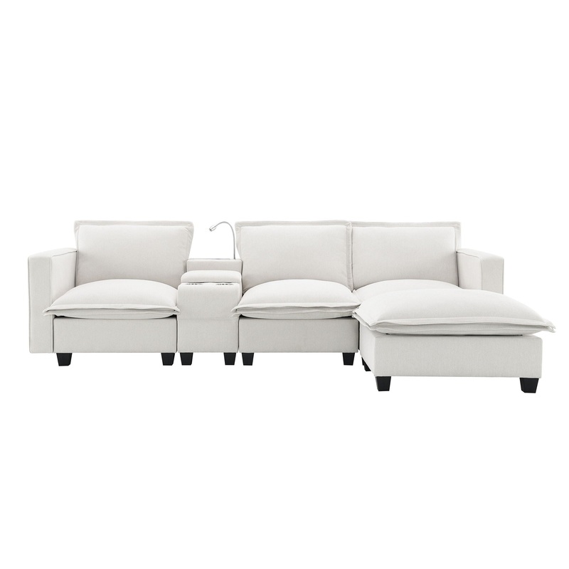 Modern Sectional Cloud Sofa With Console USB Charger Reading Light Cup Holder, Wide Seat 4 Seat Modular Couch Storable Indoor Funiture – Beige