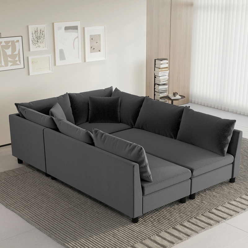Modular Sectional Bed Couch Set With Pillows Free Combination, Minimalist Style Oversized 6 Seat Convertible Sofa – Gray