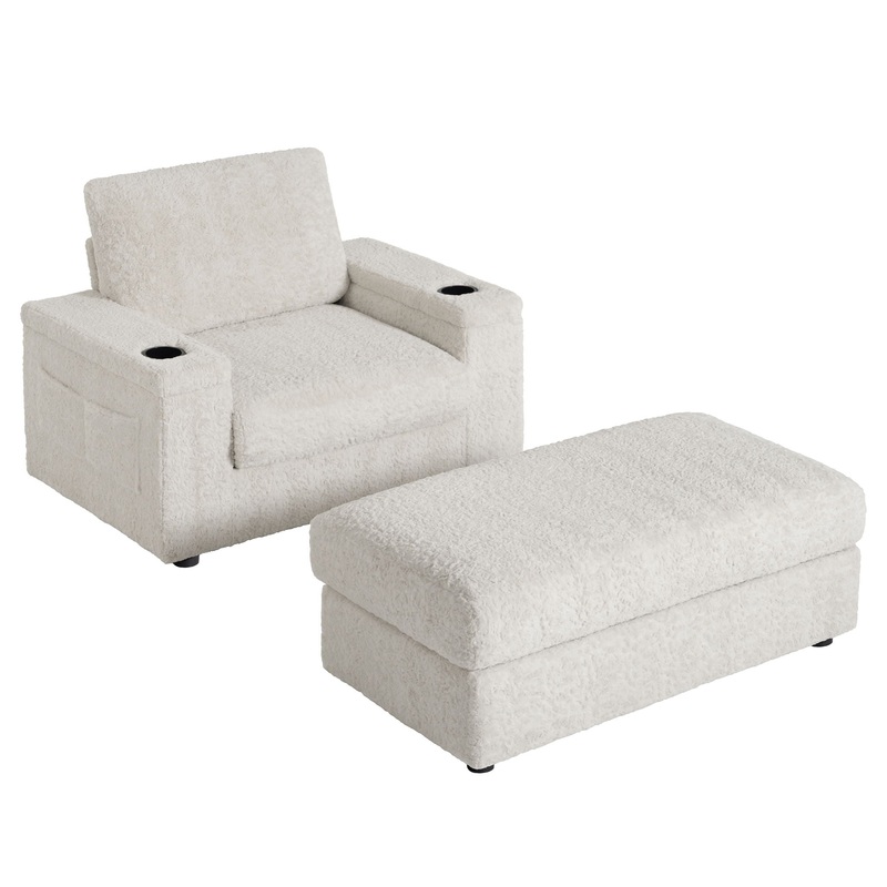 Oversized Chaise Lounge Indoor Rabbit Fur Sofa Bed With Storage Ottoman And Armrests Cup Holders With Deep Seat – Beige