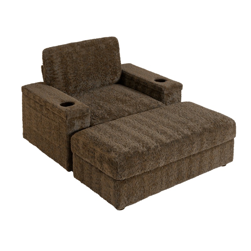 Oversized Chaise Lounge Indoor Rabbit Fur Sofa Bed With Storage Ottoman And Armrests Cup Holders With Deep Seat – Brown