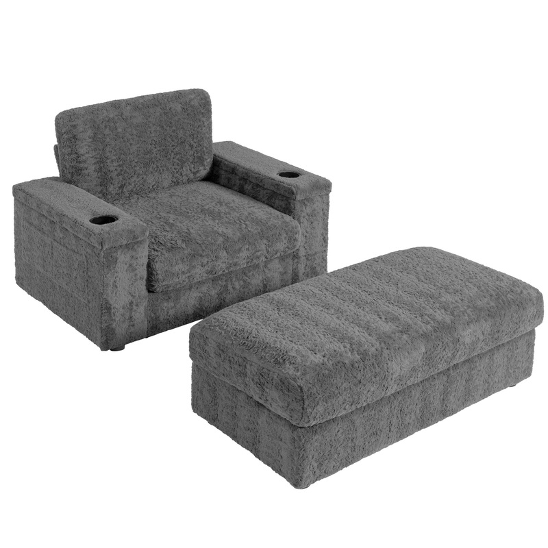 Oversized Chaise Lounge Indoor Rabbit Fur Sofa Bed With Storage Ottoman And Armrests Cup Holders With Deep Seat – Gray