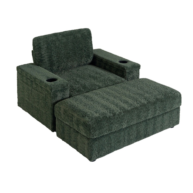 Oversized Chaise Lounge Indoor Rabbit Fur Sofa Bed With Storage Ottoman And Armrests Cup Holders With Deep Seat – Green