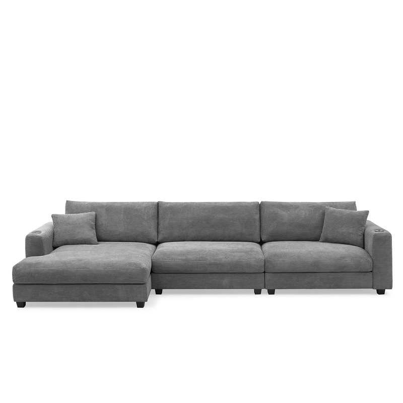 Oversized Sectional L Shaped Cloud Couch With USB Charging Port Cup Holder Deep And Wide Seat Sofa With Chaise Comfy – Gray
