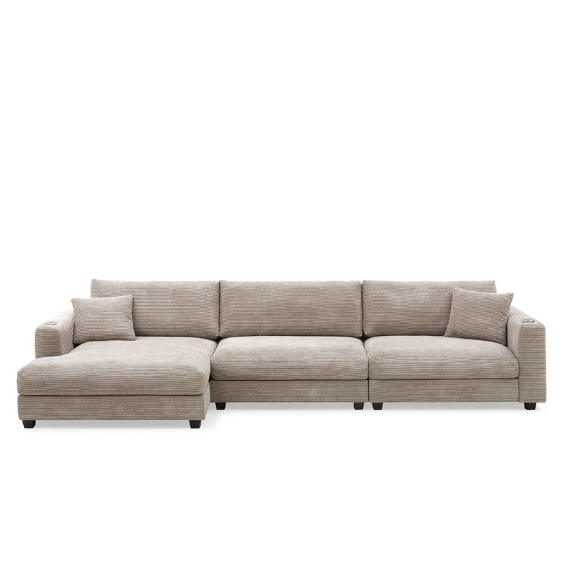 Oversized Sectional L Shaped Cloud Couch With USB Charging Port Cup Holder Deep And Wide Seat Sofa With Chaise Comfy – Khaki