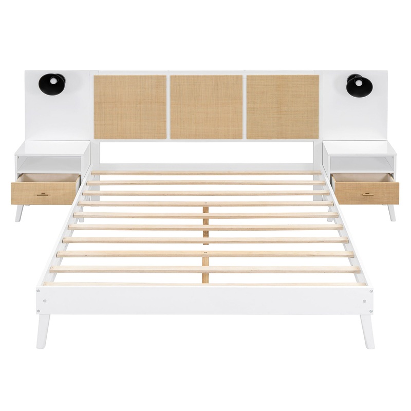 Queen Size Bed Frame With 2 Nightstands Elegant Design With Lamps – White