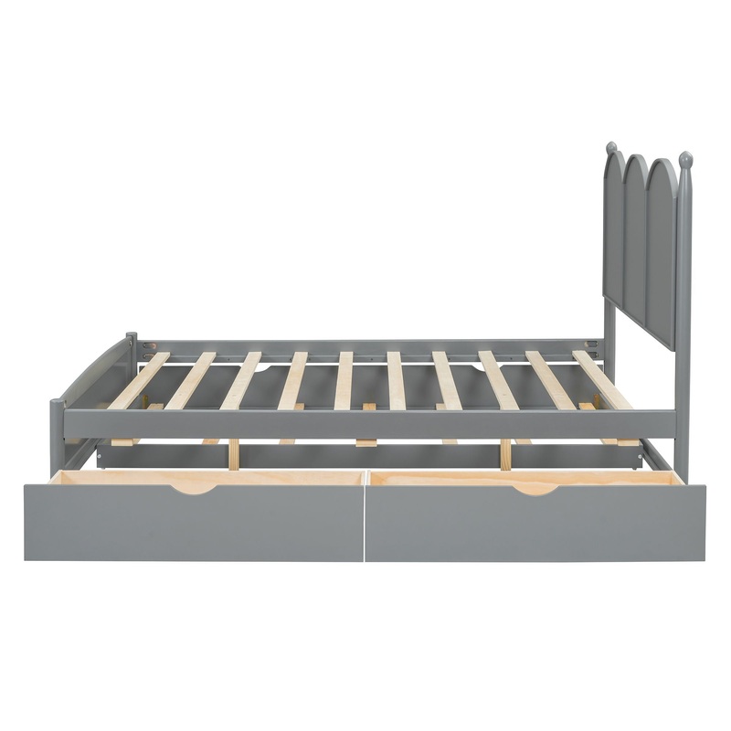 Queen Size Platform Bed With With 2 Big Drawers, Twin Long Size Trundle – Gray