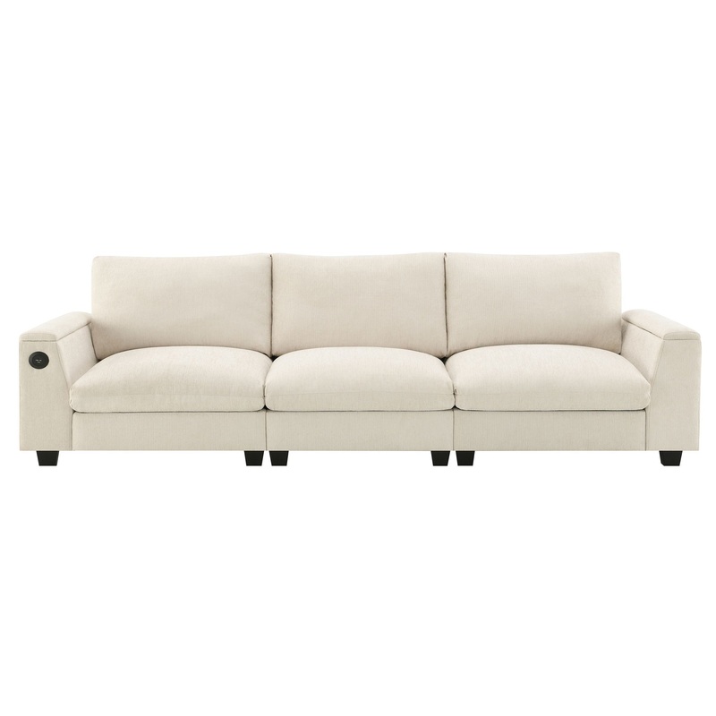 Sectional With Bluetooth Speaker Comfy Cloud Couch Set With Drop Down Table Cup Holders, USB Charger Storage Armrest Wide Seat Sofa – Beige