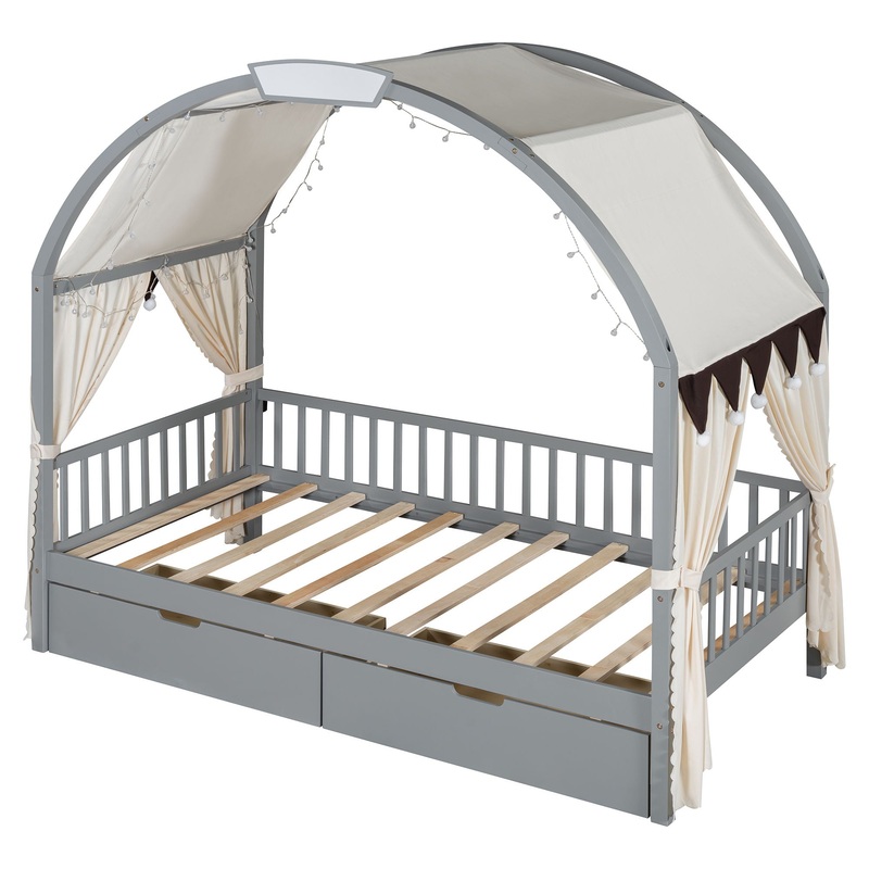 Twin Size Bed With Arched Roof And 2 Drawers – Gray