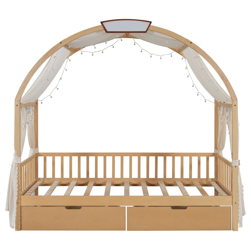 Twin Size Bed With Arched Roof And 2 Drawers – Natural
