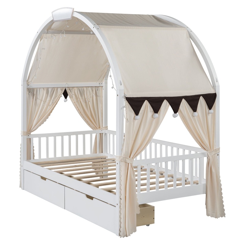 Twin Size Bed With Arched Roof And 2 Drawers – White