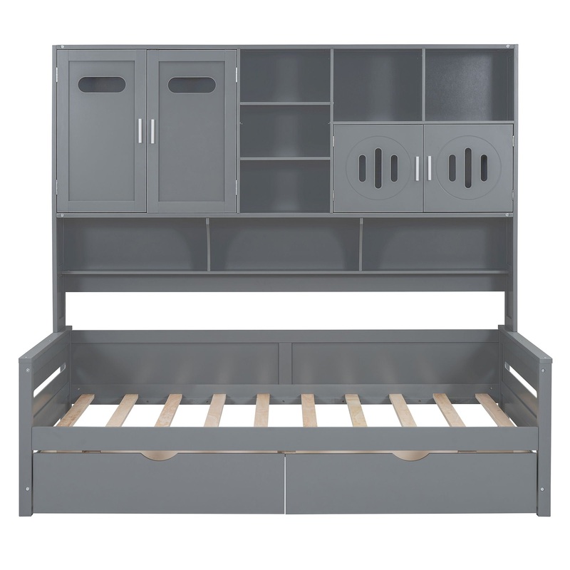 Twin Size Daybed With 2 Drawers And All In One Cabinet And Shelf – Gray