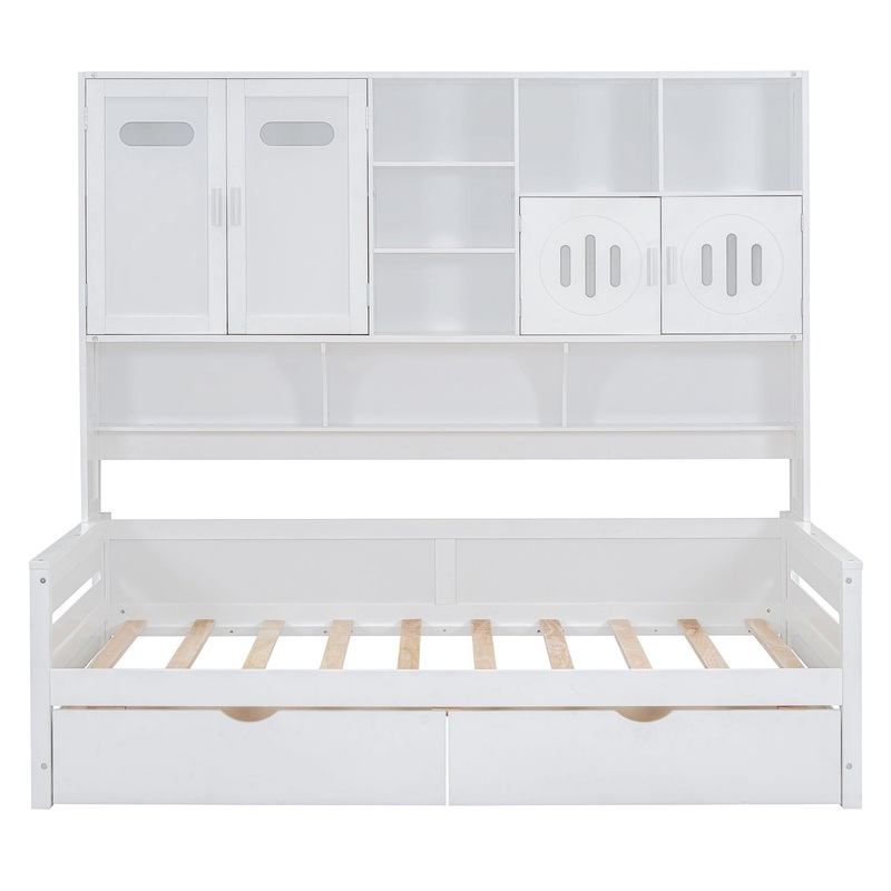 Twin Size Daybed With 2 Drawers And All In One Cabinet And Shelf – White