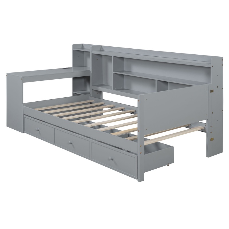 Twin Size Daybed With 3 Drawers USB Ports And Desk – Gray