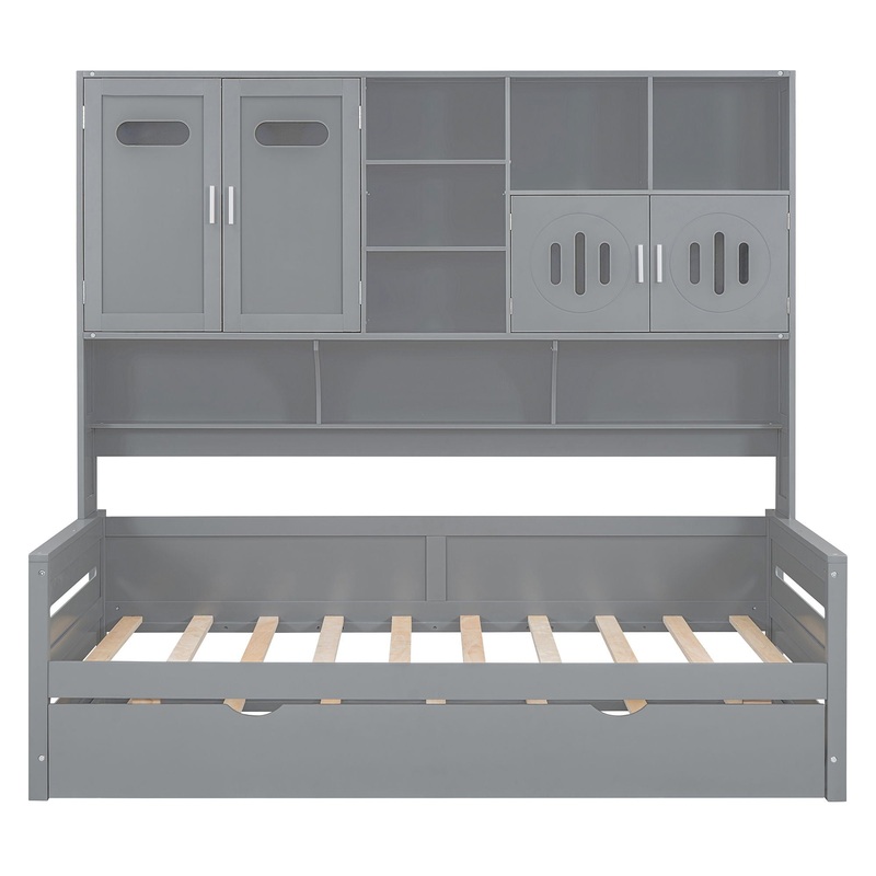 Twin Size Daybed With Twin Size Trundle, And All In One Cabinet And Shelf – Gray