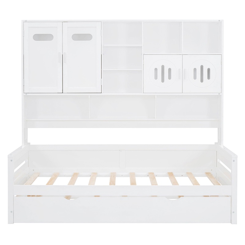 Twin Size Wooden Daybed With Twin Size Trundle, And All In One Cabinet And Shelf – White