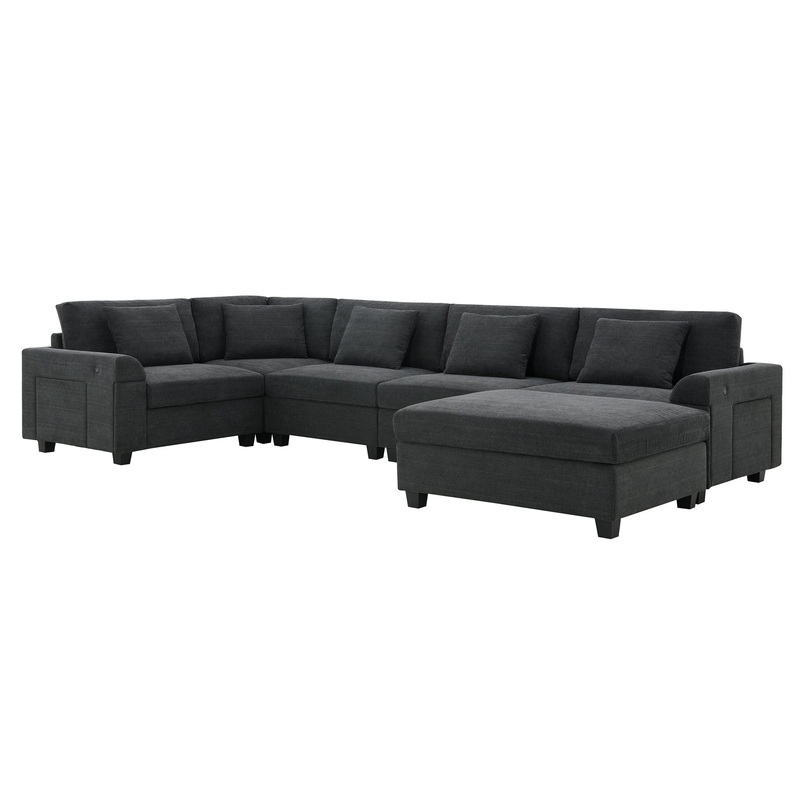 U Shaped Sectional Sofa 6 Seat Couch Set With Oversized Ottoman, Hidden Armrest Storage And Cup Holders USB Charging Ports Wide Seat Sofa – Black