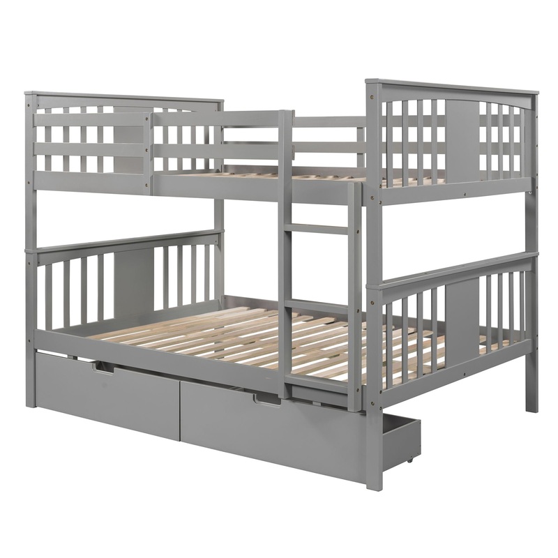 Full Over Full Bunk Bed With Drawers And Ladder For Bedroom – Gray