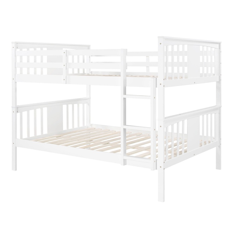 Full Over Full Bunk Bed With Ladder For Bedroom, Guest Room Furniture – White