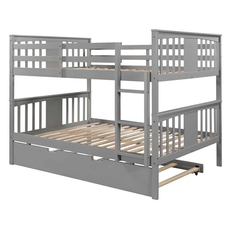 Full Over Full Bunk Bed With Twin Size Trundle And Ladder – Gray