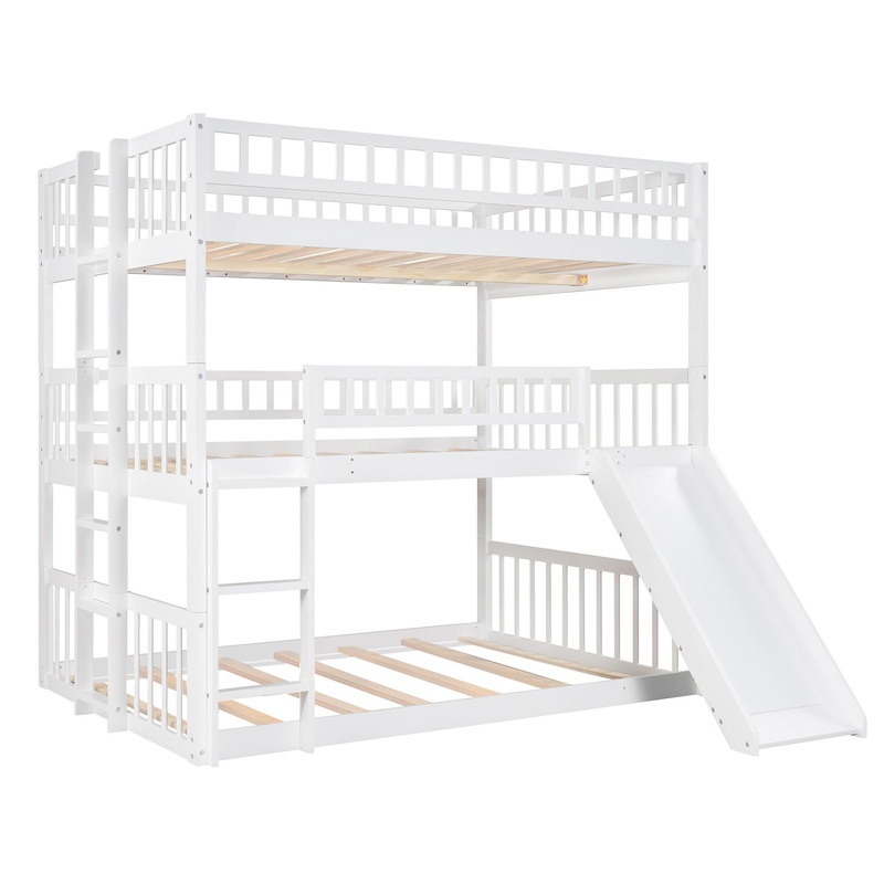 Full Over Full Over Full Triple Bed With Built-In Ladder And Slide, Triple Bunk Bed With Guardrails – White