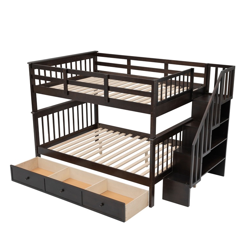 Full Over Full Stairway Bunk Bed With Drawer, Storage And Guard Rail For Bedroom – Espresso