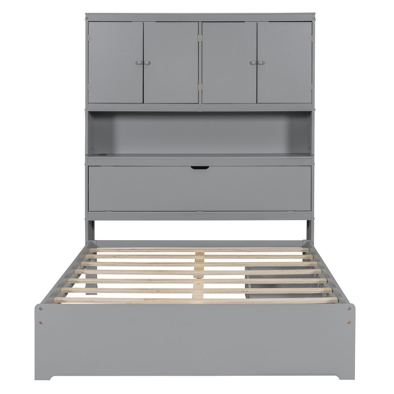 Full Size Platform Bed With USB, Storage Headboard & Drawers – Gray