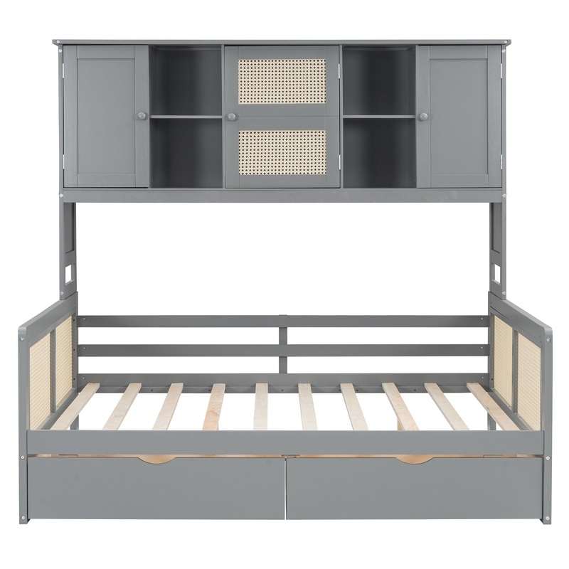 Full Size Wooden Daybed With 2 Drawers, And All In One Cabinet And Shelf – Gray