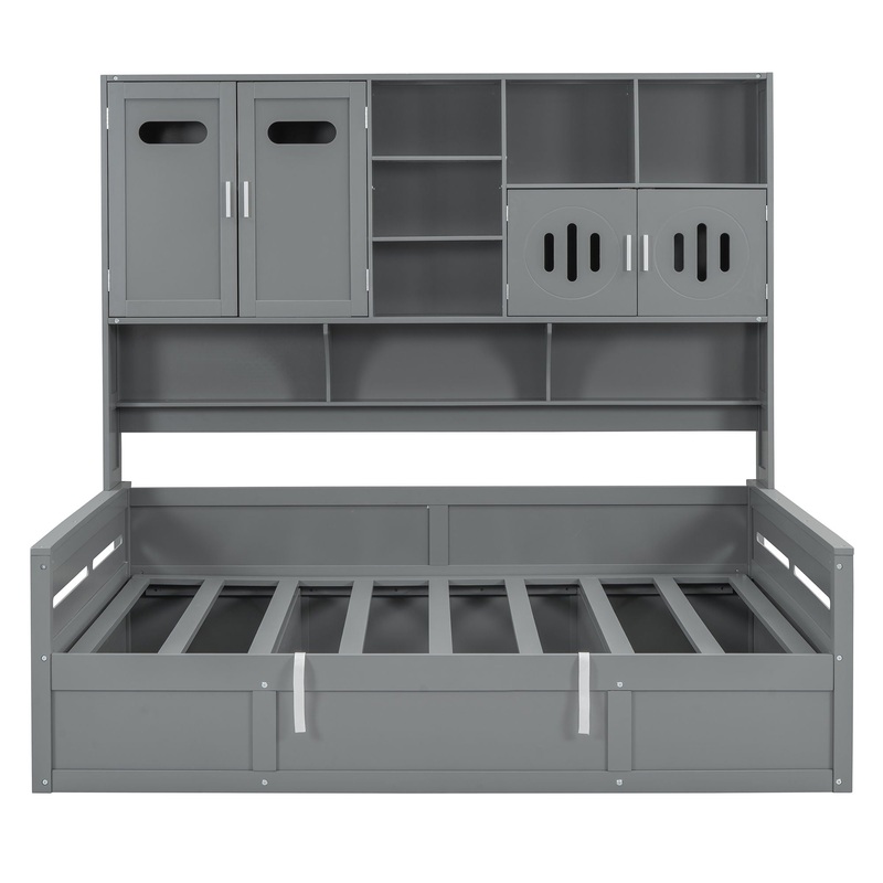 Full Size Wooden Daybed With Hydraulic Bed And All In One Cabinet And Shelf – Gray