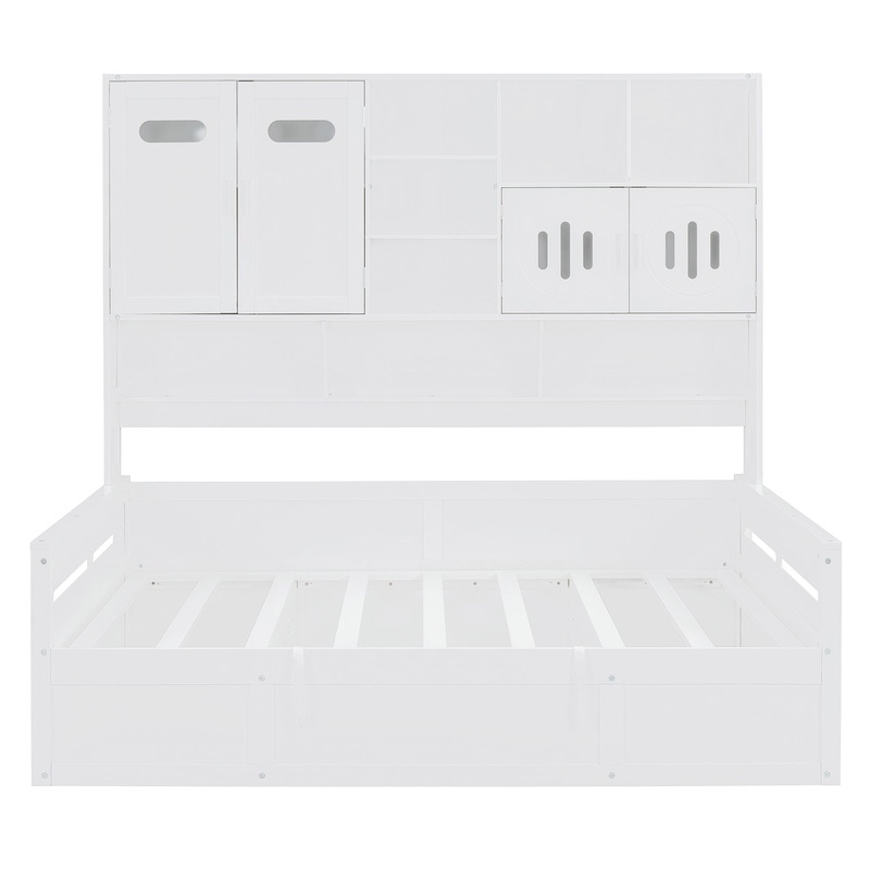 Full Size Wooden Daybed With Hydraulic Bed And All In One Cabinet And Shelf – White