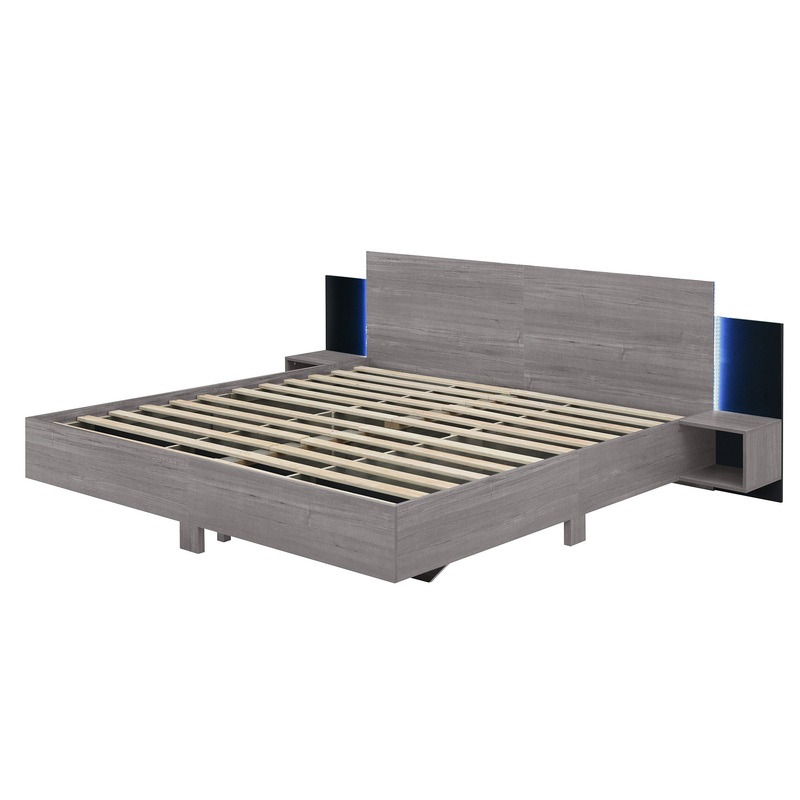 King Size Floating Platform Bed, With LED Lights, Bedside Nightstand – Gray