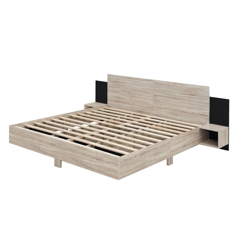 King Size Floating Platform Bed, With LED Lights, Bedside Nightstand – Natural