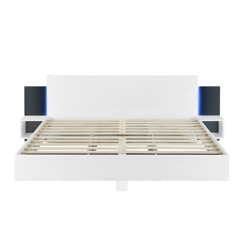 King Size Floating Platform Bed, With LED Lights, Bedside Nightstand – White