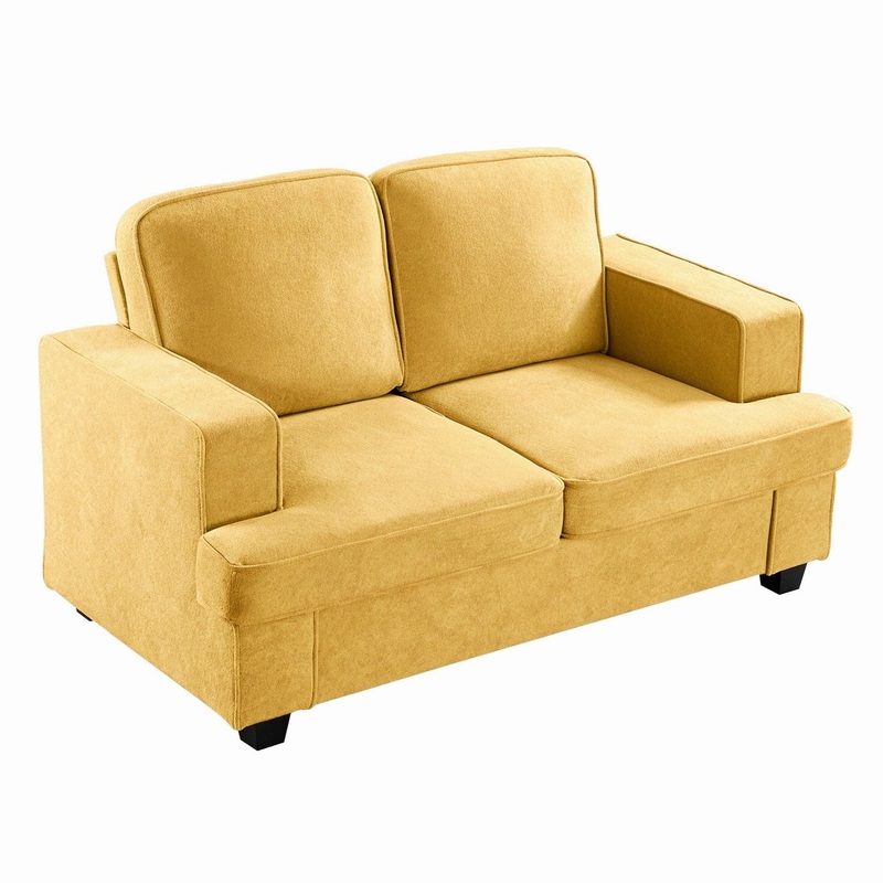 Modern Loveseat, Comfortable 2 Seater Couch With Deep Seating, Loose Back Cushions, Wide Arms – Mustard Yellow