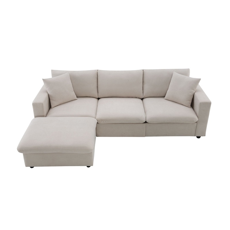 Modern Sectional Sofa With Throw Pillows, Cloud L Shaped Couch Set With Wide 4 Seat Comfy Couch Set With Movable Ottoman – Beige