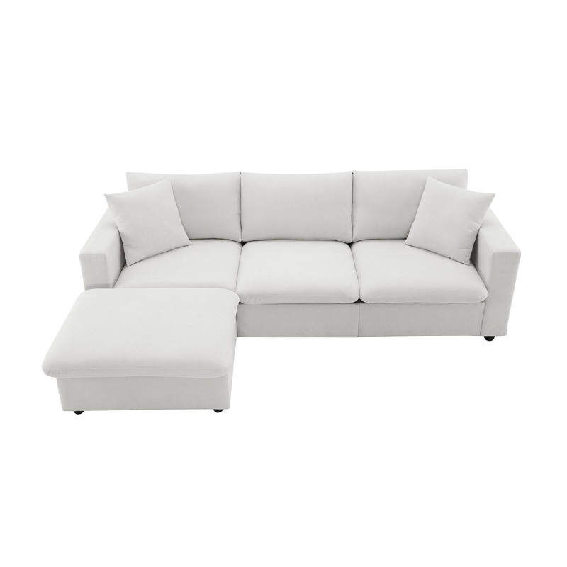 Modern Sectional Sofa With Throw Pillows, Cloud L Shaped Couch Set With Wide 4 Seat Comfy Couch Set With Movable Ottoman – White
