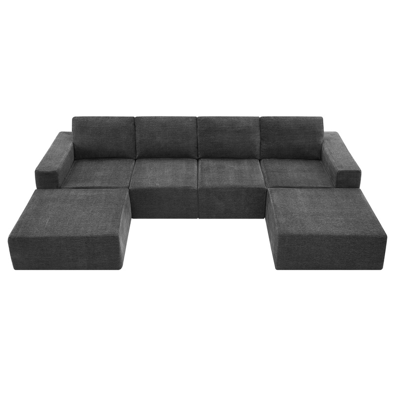 Modular U Shaped Sectional With Ottomans, Luxury Cloud Floor Couch With Deep Seat Fully Compressed Upholstered Sofa – Dark Gray