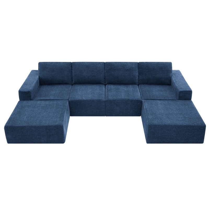 Modular U Shaped Sectional With Ottomans, Luxury Cloud Floor Couch With Deep Seat Fully Compressed Upholstered Sofa – Navy