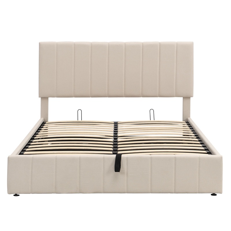 Queen Size Upholstered Platform Bed With A Hydraulic Storage System – Beige