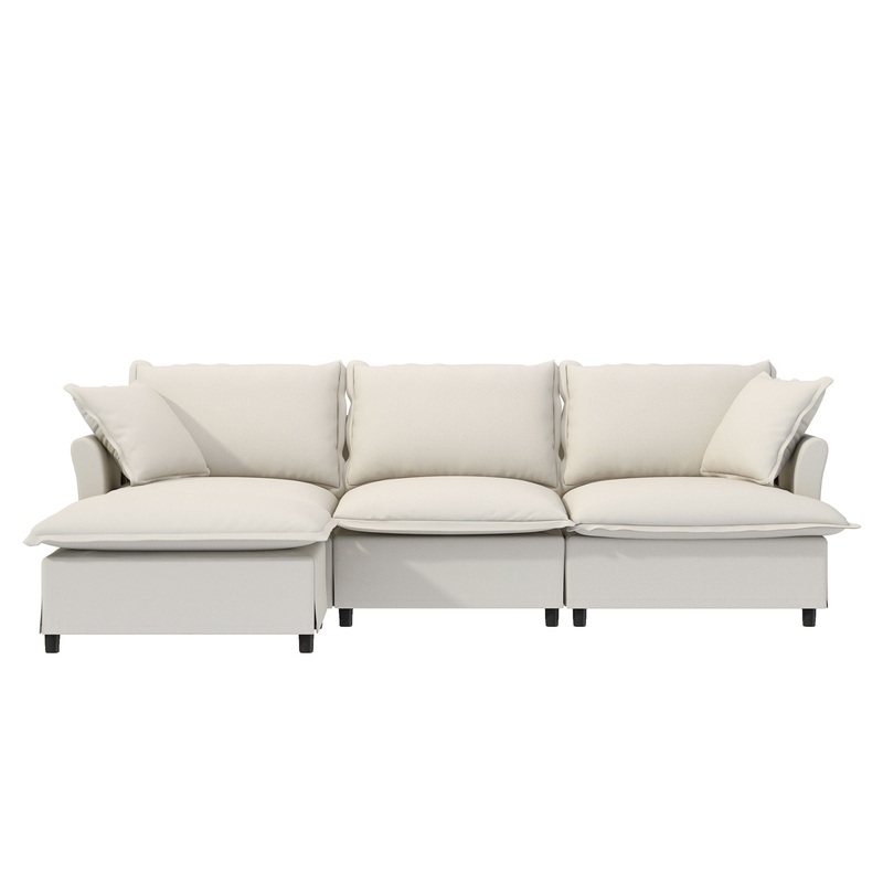 Sectional Sofa With Ottoman L Shaped Cloud Couch Set With Throw Pillows, Free Combination 4 Seat Modular Upholstered – Beige