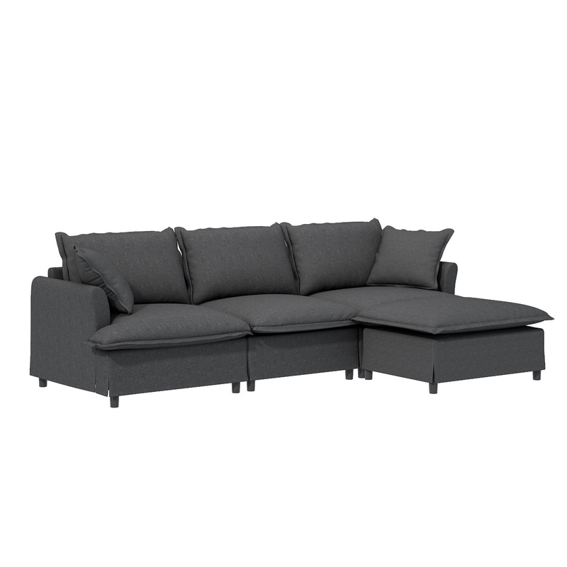 Sectional Sofa With Ottoman L Shaped Cloud Couch Set With Throw Pillows, Free Combination 4 Seat Modular Upholstered – Gray